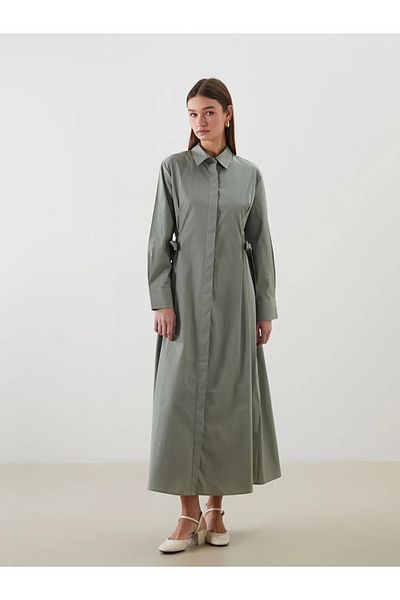 LC Waikiki Lcw Modest Green Tie Waist Poplin Shirt Dress