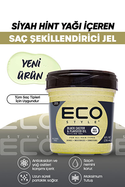 ECO STYLE Siyah Hint Yağı Ve Keten Tohumu Yağı, Şekillendirici Saç Jölesi, 23...
