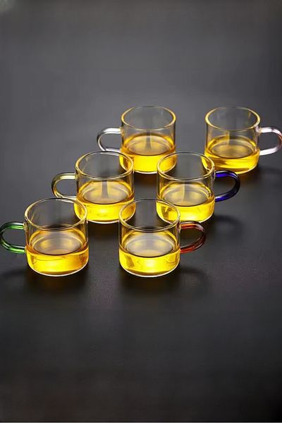 Gülümseten Avm Set of 6 Heat Resistant Glass Turkish Coffee Cups |   Colorful Handle Cup Set