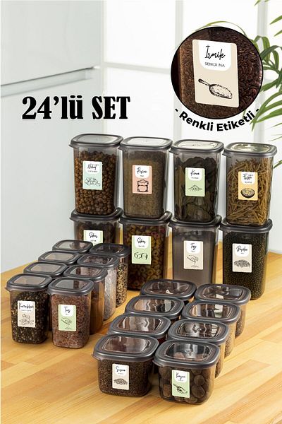 Vienev 24-Piece Peggy Square Food and Spice Full Set with Colored Labels 8x(1,2, 0,55, 0,45) Ant