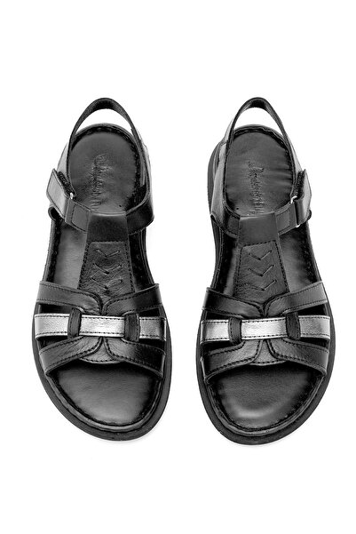 Ayakkabı Fuarı Elit Rhm017 Women's Genuine Leather Orthopedic Flat Sandals Black