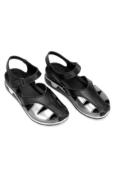 Ayakkabı Fuarı Women's Orthopedic Flat Sandals - Elit Rhmm-01 Black Field Leather
