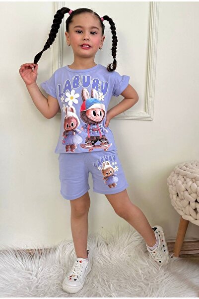 Yağmur Giyim Labubu Pattern Lilac Shorts Girl's Short Sleeve Suit 7567-L