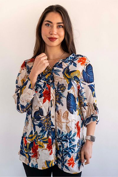 citycenterfashion Cămașă de damă, 100% bumbac organic, mărime mare, cty-akc-guzd, cămașă cu mâneci pliate cu imprimeu