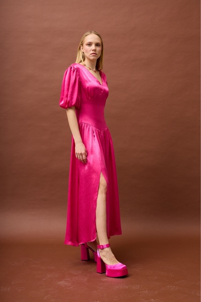 GULLAY Fuchsia Satin Dress with Slit Detail