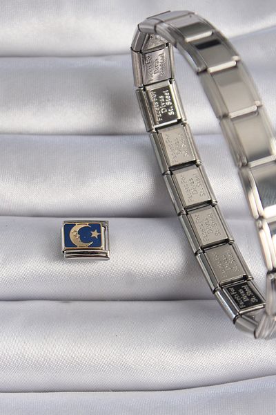 doremodam 316L Steel Silver Color Blue Yellow Moon Star Embroidered Nomination Charm