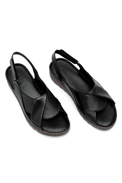 Ayakkabı Fuarı Elit Rhm018 Women's Genuine Leather Orthopedic Flat Sandals Black