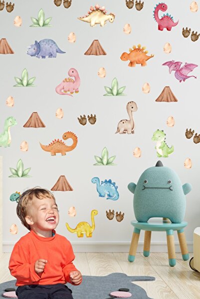 Tasarım ملصق حائط لغرفة الأطفال على شكل حديقة الديناصورات الملونة بألوان مائي...
