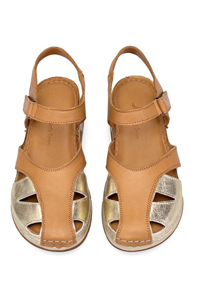 Ayakkabı Fuarı Elit RhmM-01 Γυναικεία Ορθοπεδικά Flat σανδάλια - Γνήσιο δέρμα Tan