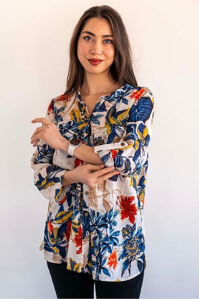 citycenterfashion Cămașă de damă, 100% bumbac organic, mărime mare, cty-akc-guzd, cămașă cu mâneci pliate cu imprimeu