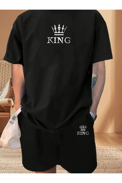 Framgan Erkek King Baskılı Siyah Şort T-Shirt Takım