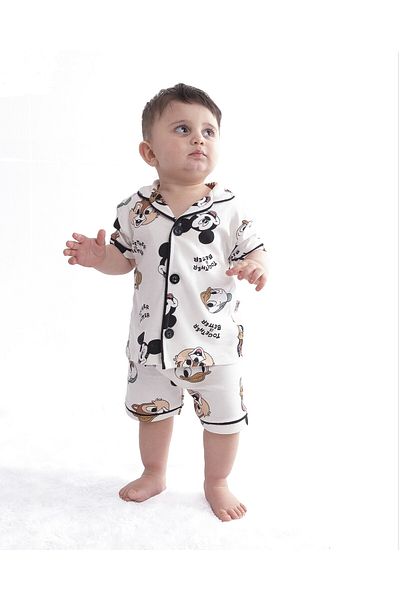 Bolly Baby Cute Animals Patterned Double Breasted Collar Button Detailed Summer Baby Boy Pajama Set 6-24 Months Ecru