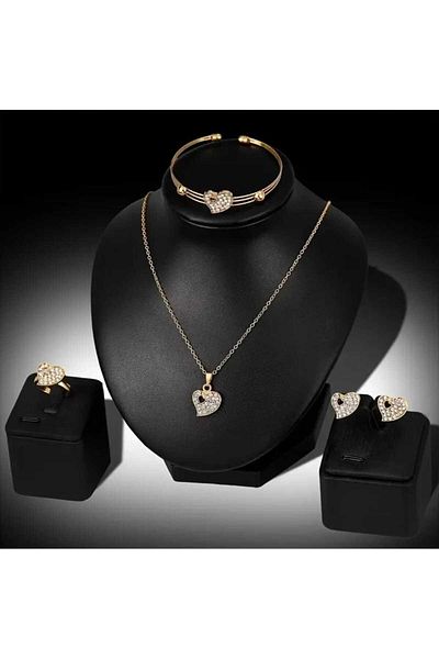 beynaaksesuar Heart Motif Mixed Heart Stone Necklace-Earrings-Ring-Bangle Set Gift Set for Lover
