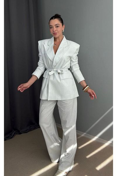 MODAGK Wadding Detailed Striped Belted Linen Suit