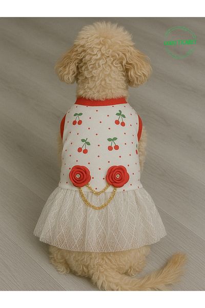 Goboticaret Cherry Patterned Appliqued Cat Dog Outfit Dress with Rose Accessories