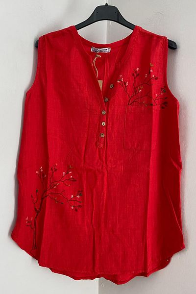 AYASOFYA OTANTIK Women's Red Tree Embroidered Button Detailed Tank Top