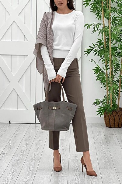 Ravencia Kadın Model Yüksek Bel Kumaş Vizon Pantolon