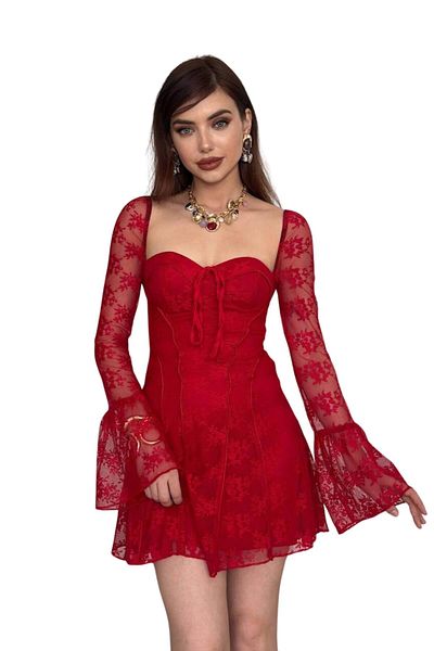 lovebox Vintage Lace Mini Dress - Long Sleeve, A-Line, Short Dress for Autumn Prom, Evening Party