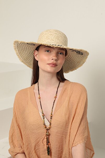 RODEZ Bej Summer Vibes Yazılı Hasır Şapka
