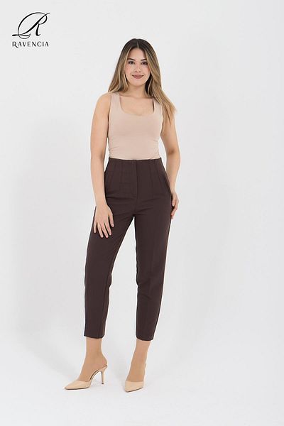 Ravencia Women's Model High Waist Fabric Brown Trousers