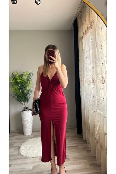 ensbutik Düğüm Detaylı Yırtmaçlı Uzun Elbise