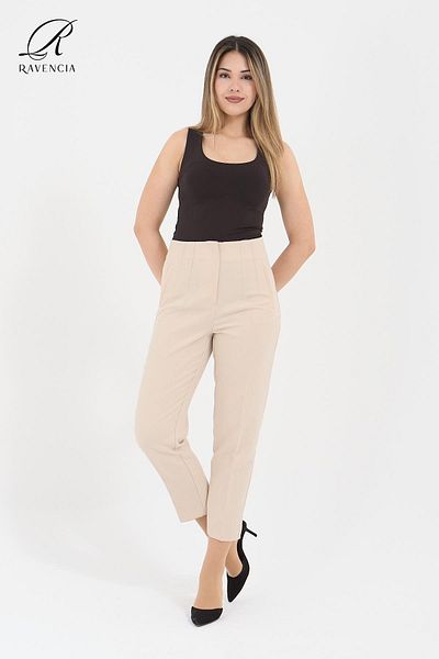 Ravencia Women's Model High Waist Fabric Dark Cream Trousers