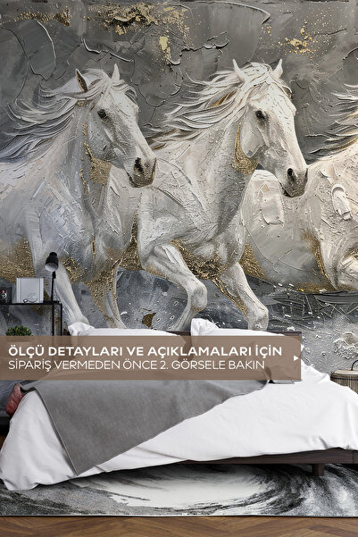 Pluswall Kendinden Yapışkanlı Beyaz Atlar Temalı Gri ve Altın Detaylı Duvar K...