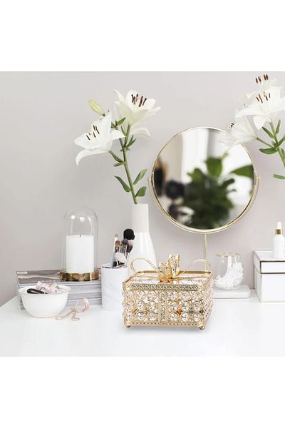 YNSK Crystal Glass Jewelry Box Decorative Box & Jewelry Box with Gold Bow |   Ring, Earring Box