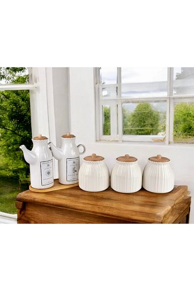 Kitchen Pembelia طقم بورسلين ديزي مكون من 6 قطع مع حامل ووعاء زيت مكون من قطعتين و3 برطمانات ديزي