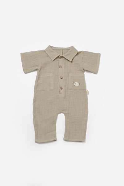 Magu Baby Boy Cotton Khaki Muslin Jumpsuit with Pockets - Lamb Embroidery Detail