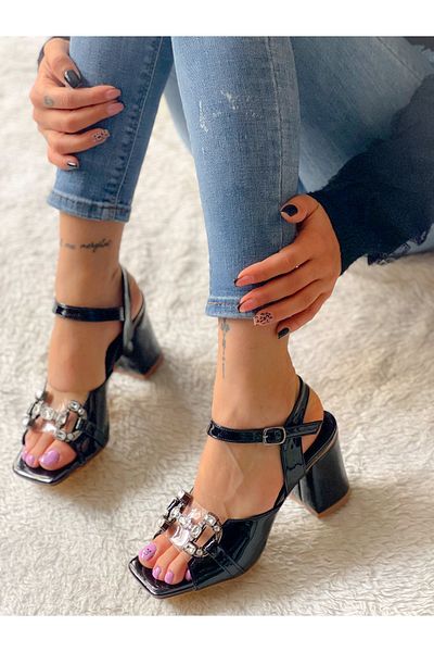 BERFONA Arya Black Patent Leather Stone 7 cm Heel Sandals