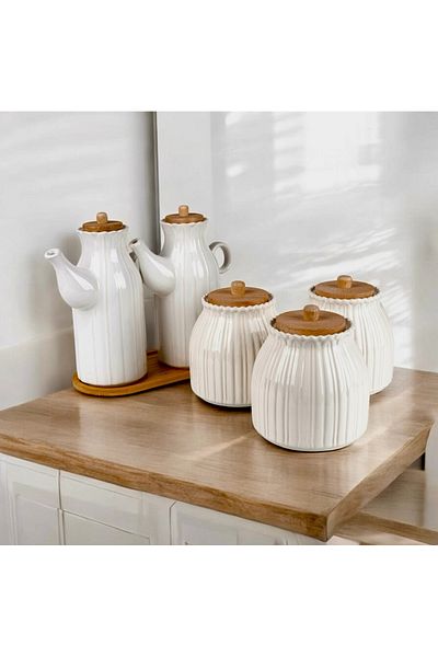 Kitchen Pembelia 6 Piece Bamboo Stand Daisy Porcelain Set of 2 Oil Pots and 3 Daisy Jars