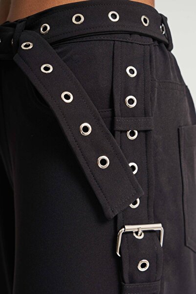 its basic Black Women's Trousers with Stretch Fabric - Side and Belt Detail
