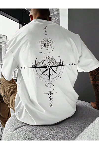 Revasser Unisex Erkek/Kadın PUSULA Özel Baskılı Oversize Pamuklu Bisiklet Yaka T-Shirt