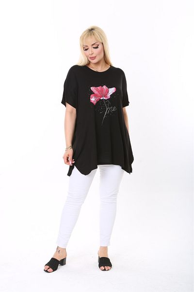 tıgersıze Women's Large Size Oversize Model Pink Flower Patterned Soft Fabric Viscos Bluz