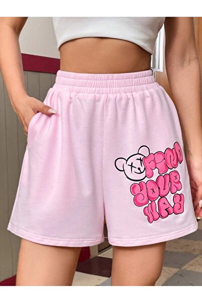 coolart Pembe Find Your Way Penye Kısa Şort - Baskılı Yüksek Bel Örme Cepli K...