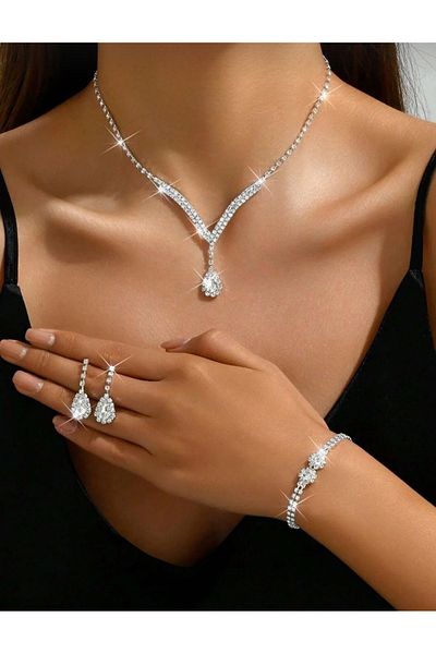 Mihra Aksesuar V Model Necklace Earrings Bracelet Set of Three White Stone Choker
