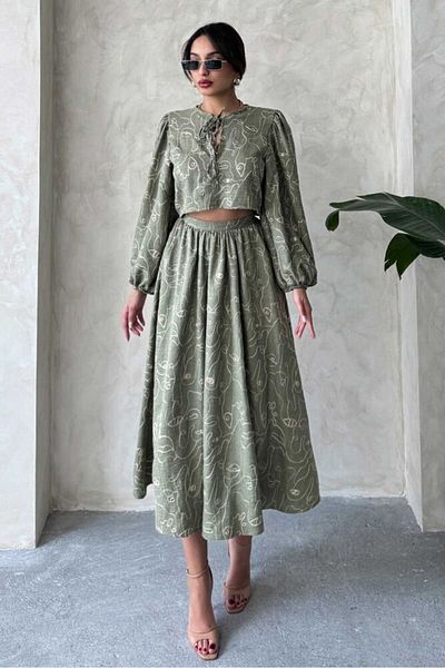 HARVESSE Light Khaki Embroidered Linen Skirt Offering Modern Elegance