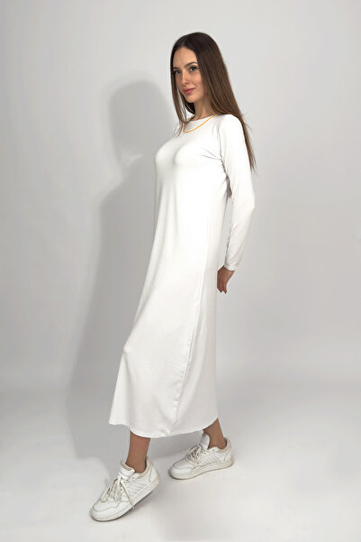 Betimoda Kadın Yazlık Uzun Kollu Viskon Midi Boy Bisiklet Yaka Elbise Beyaz