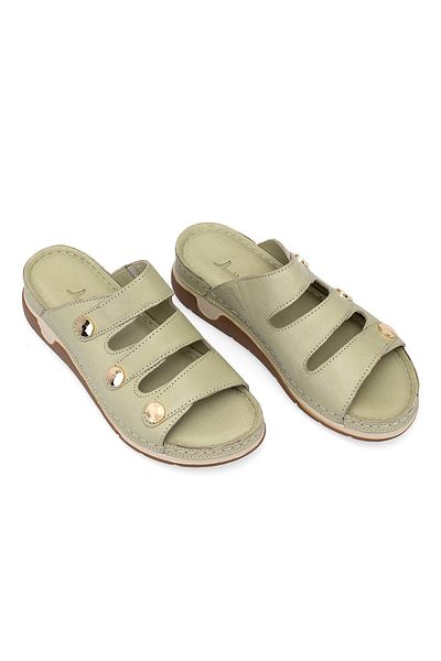 Ayakkabı Fuarı Women's Genuine Leather Orthopedic Slippers - Elit Rhmm-15 Green