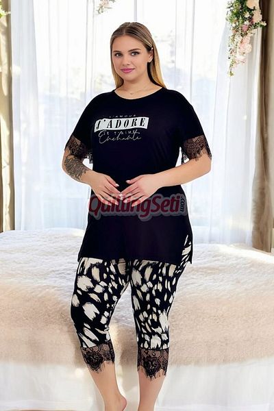 quilling Black Color and Patterned 10726 Cotton Big Size Leggings and Capri Maternal Pajamas Set