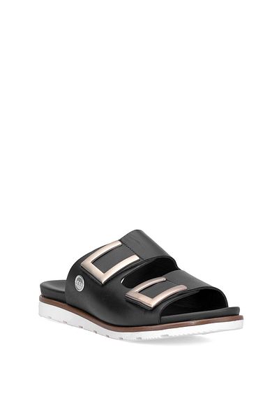 Mammamia Women's Black Genuine Leather Flat Slippers D25Yt-1235
