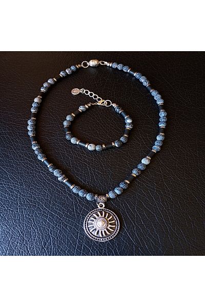 Asteria Elite Agate Hematite Evil Eye Protection, Strength and Stability Necklace Bracelet Set