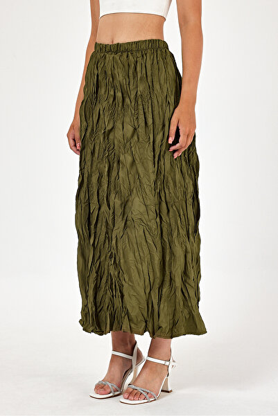 Pek Moda Women's Khaki Pleated Crinkle Fabric Maxi Skirt Crush Flared Effect Long Skirt