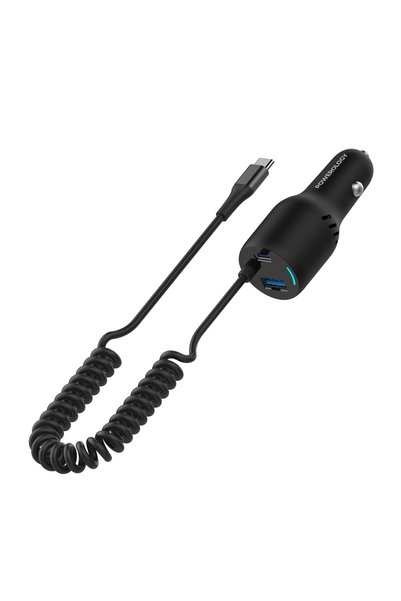 Powerology Çift Portlu Araç Şarj Cihazı, 18W QC, 20W PD, Geri Çekilebilir Type-C Kablolu, LED Göstergeli