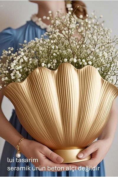 Lui Tasarım Gold Oyster Vase Natural Ceramic (Not Concrete Plaster Large Size)