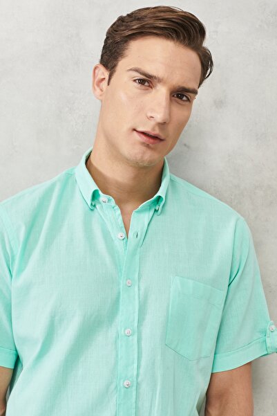 AC&Co / Altınyıldız Classics Men's Mint Comfort Fit Relaxed Cut Hidden Button Collar Linen Look 100% Cotton Flared Shirt