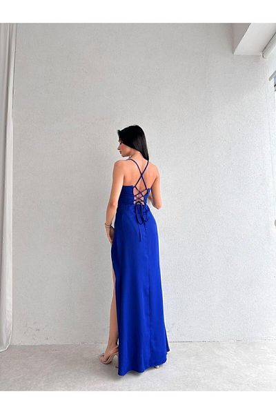 MİSSCİXFASHİON Corset-Shaped Back Low-Cut Deep Slit Thin Strap Midi Blue Dress