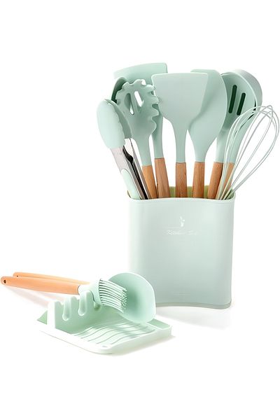 COOYA 12Pcs Cooking Utensils Set, Non-Stick Silicone, Mint Green