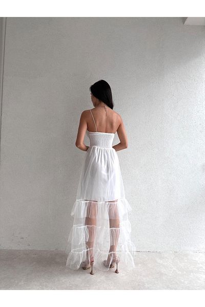 MİSSCİXFASHİON Women's Dress Design Tulle Detailed Maxi Length Strappy Long White Dress